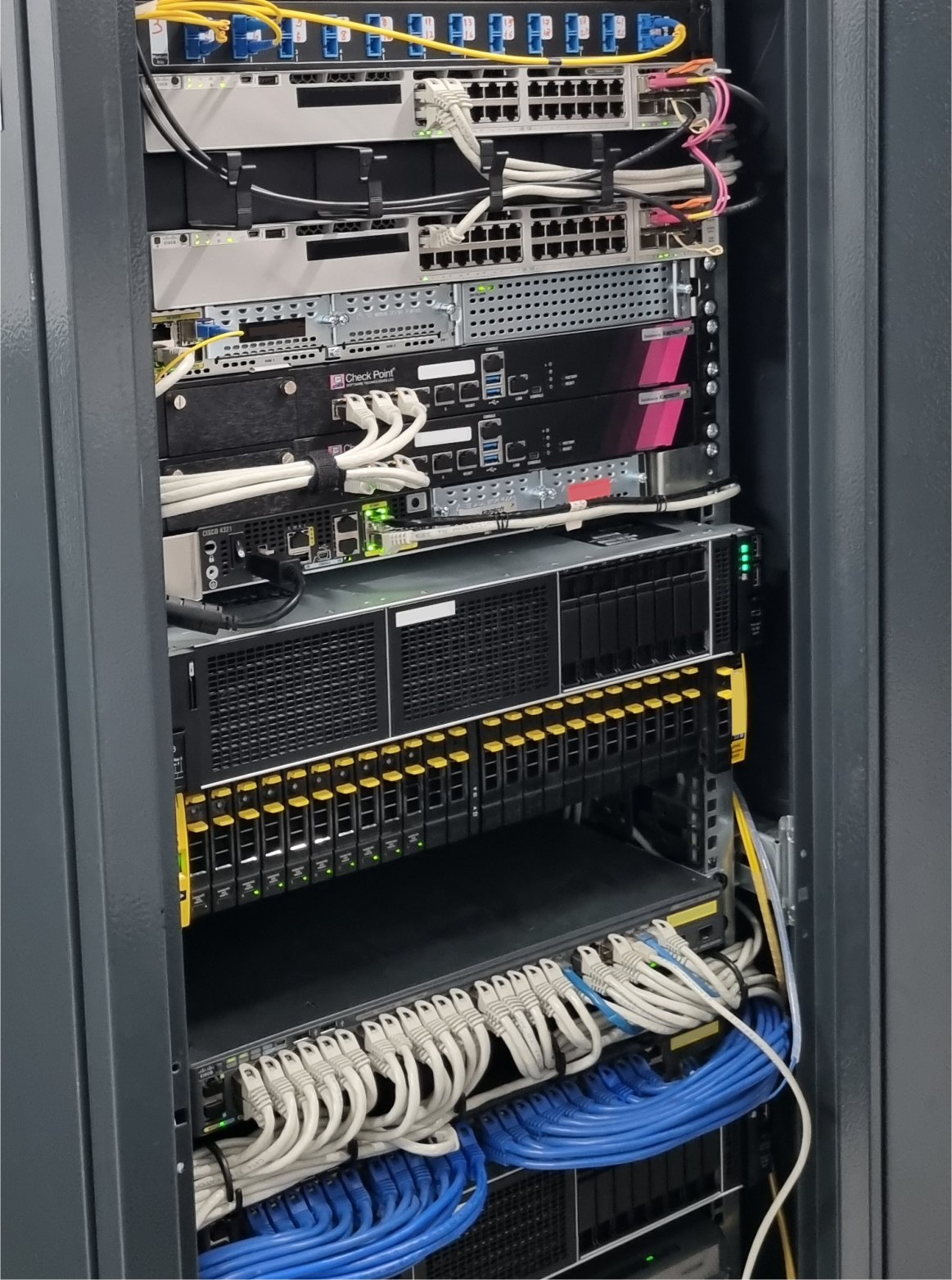 Rack central cu routere, firewall-uri, servere și cablare structurată