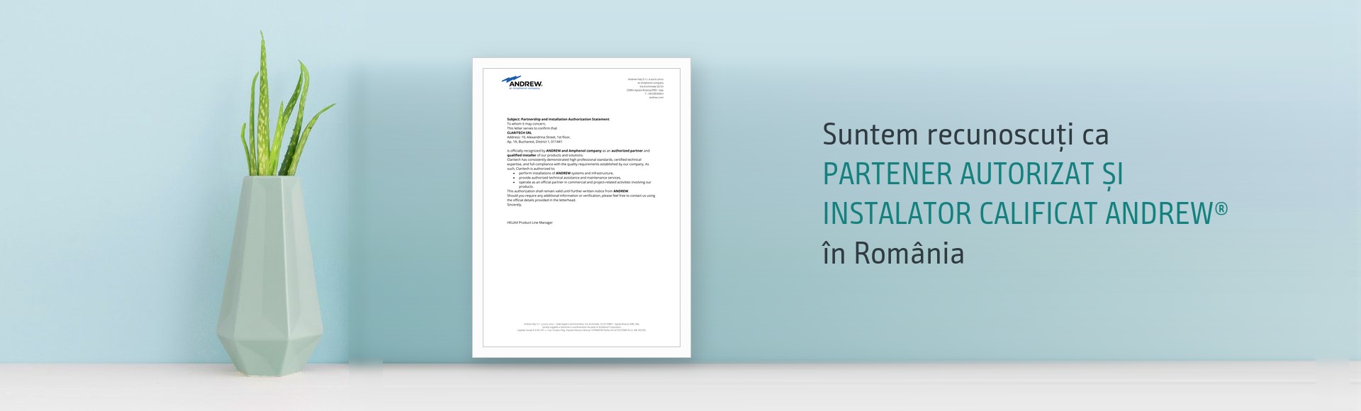 Scrisoare de autorizare Andrew (Amphenol) înrămată: Claritech, partener autorizat și instalator calificat în România