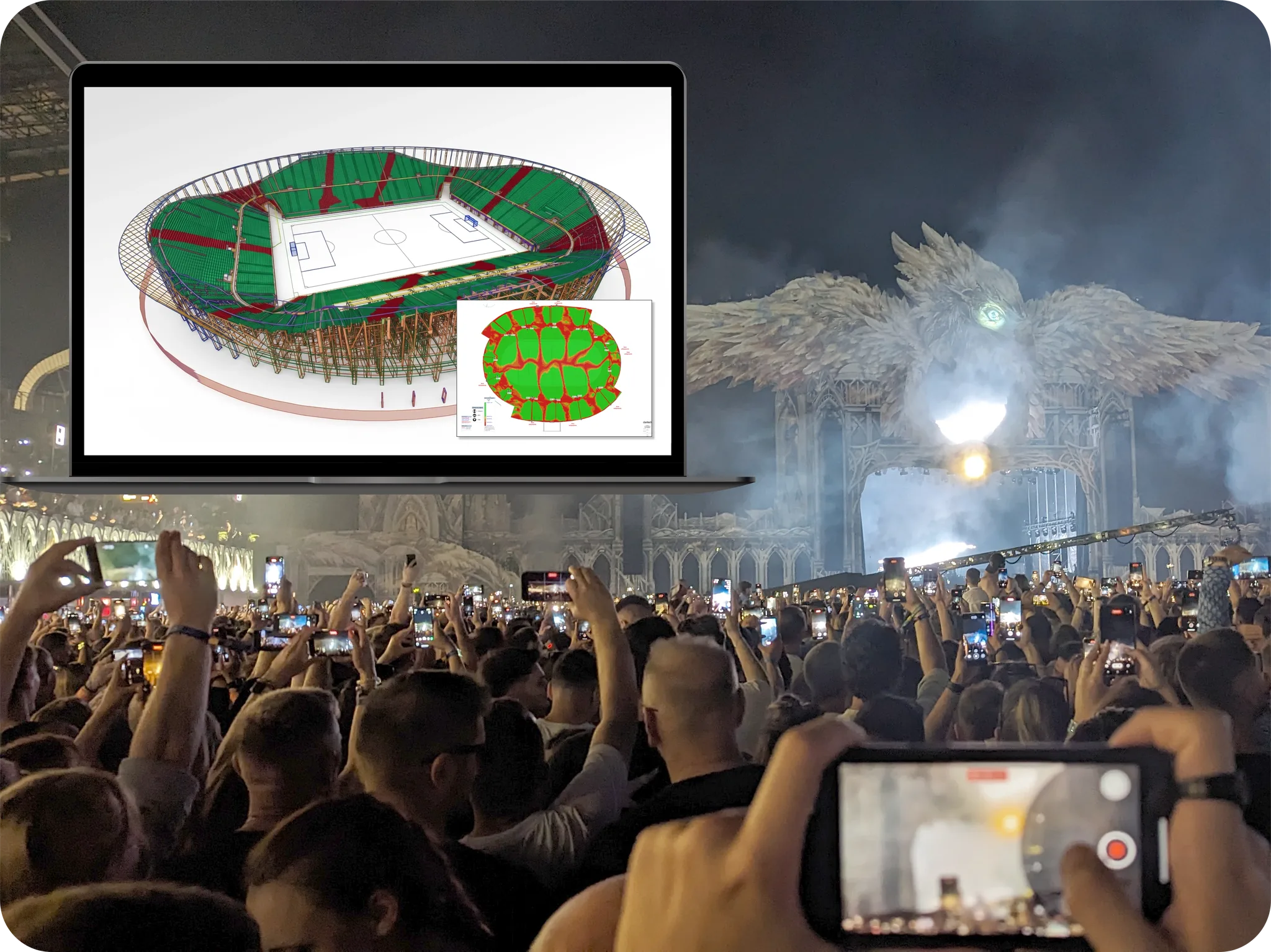 Public la un mare concert filmând cu telefoanele, alături de proiectarea DAS a unui stadion - simulare 3D și hartă de acoperire pe laptop