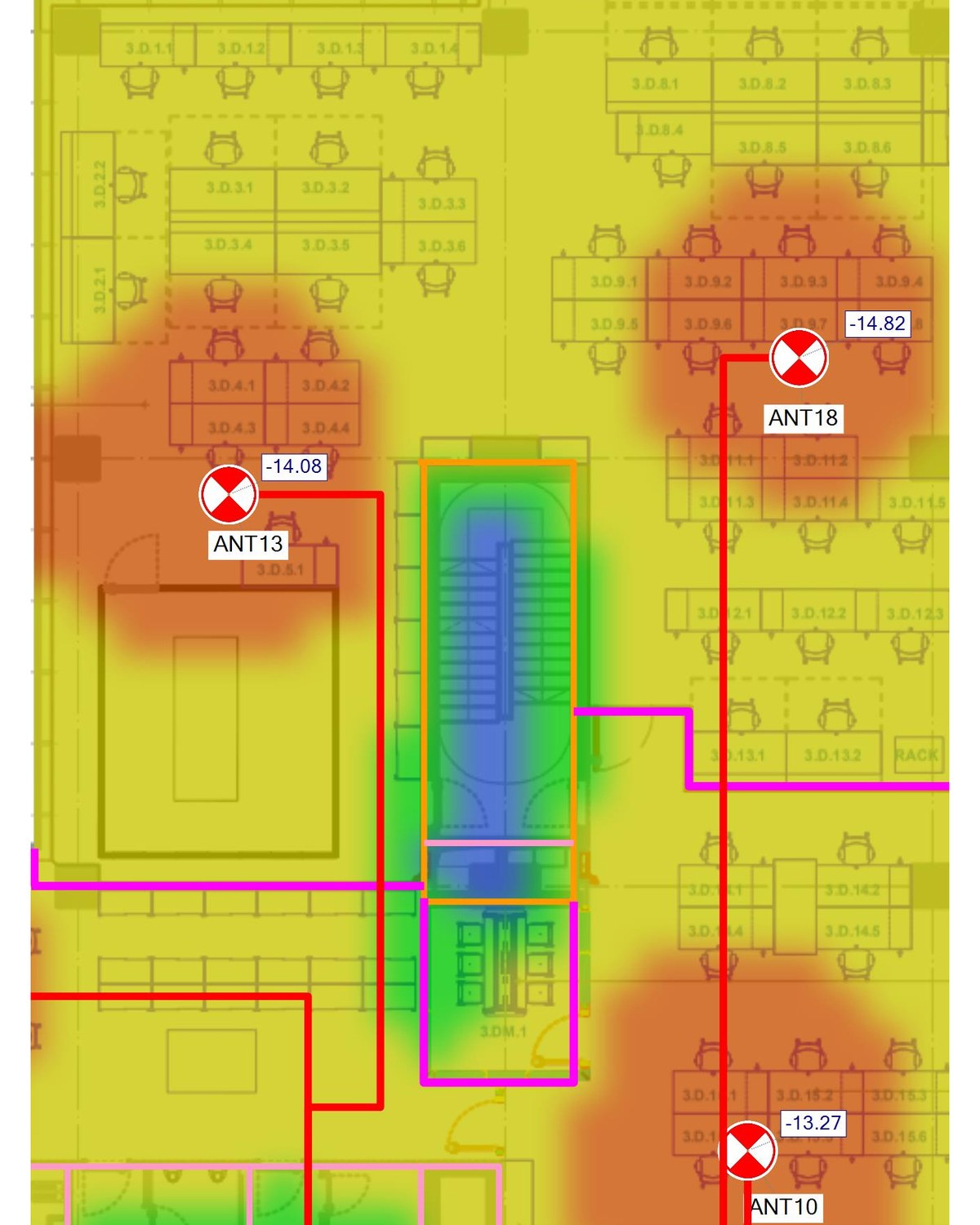 Hartă de nivel a semnalului GPS pe planul unui etaj de birouri, cu pozițiile antenelor