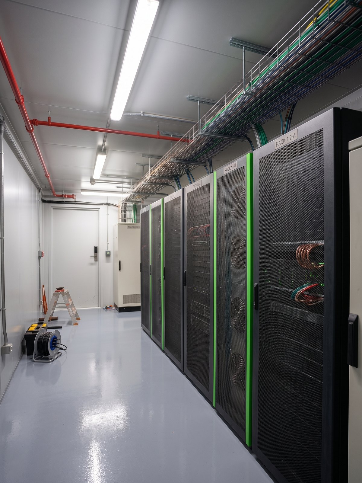 Interiorul unui container IT - rack-uri cu uși perforate, o unitate de climatizare în șir și paturile de cabluri deasupra