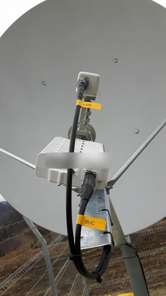 Lanțul RF al unui terminal VSAT: LNB pe brațul antenei și BUC la bază, cu cablare etichetată